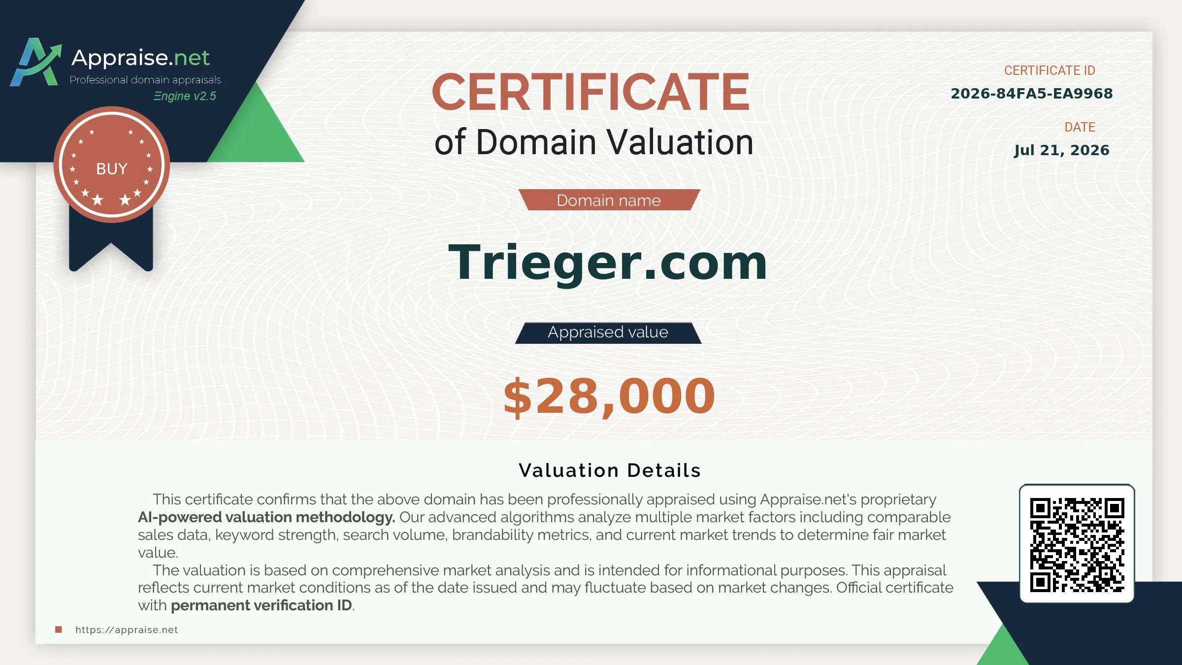 Appraise.net certificate for Trieger.com